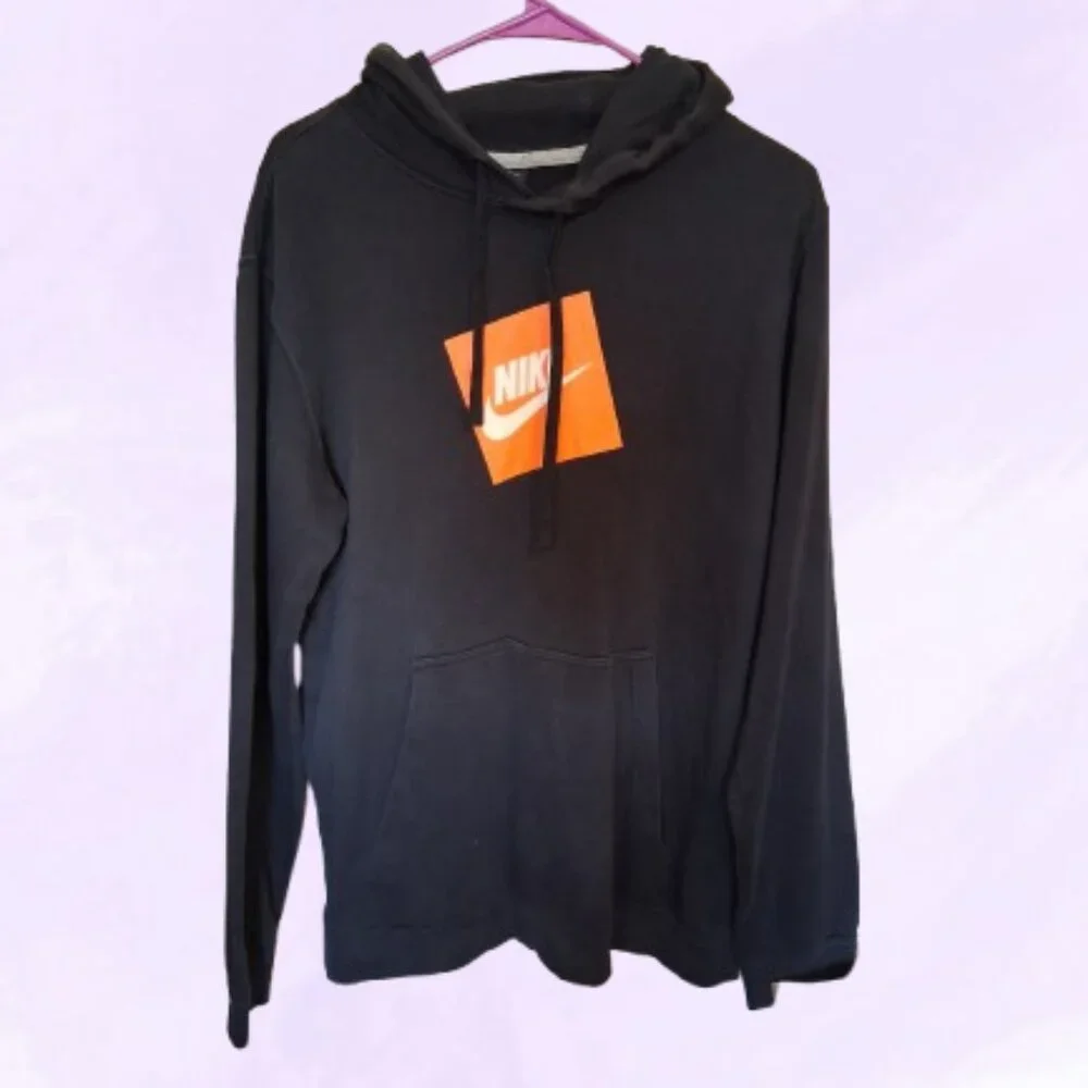 NIKE style 828719-010 men's HBR Pull Over Fleece Hoodie in black, orange white L